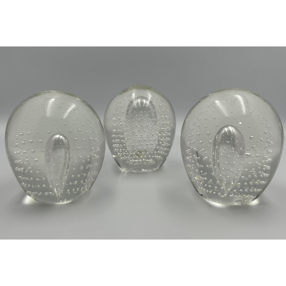 Vintage Murano ? Set of 3 Clear Controlled Bubble Art Glass Paperweight 3"